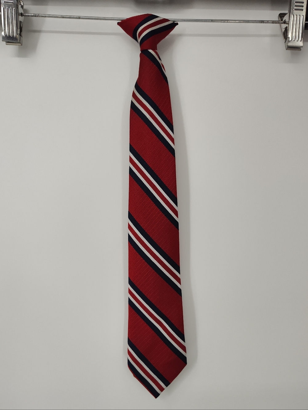 Boys Red With Navy Striped Clip On Tie